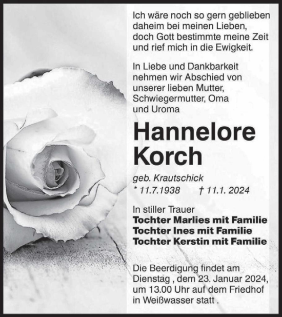 Traueranzeige von Hannelore Korch von WochenKurier