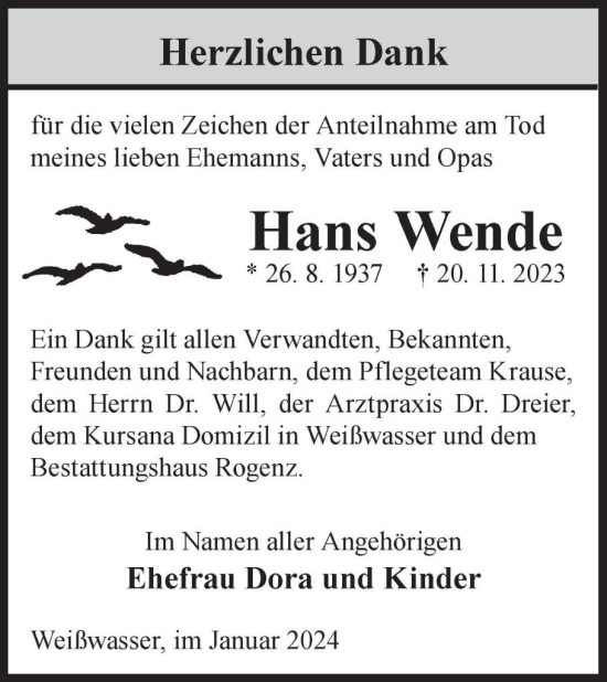 Traueranzeige von Hans Wende von WochenKurier