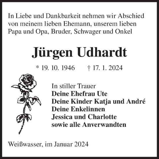 Traueranzeige von Jürgen Udhardt von WochenKurier