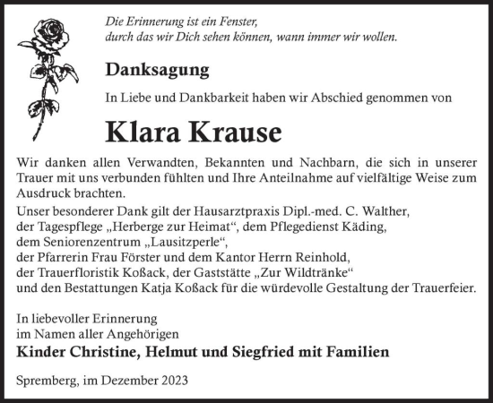 Traueranzeige von Klara Krause von WochenKurier