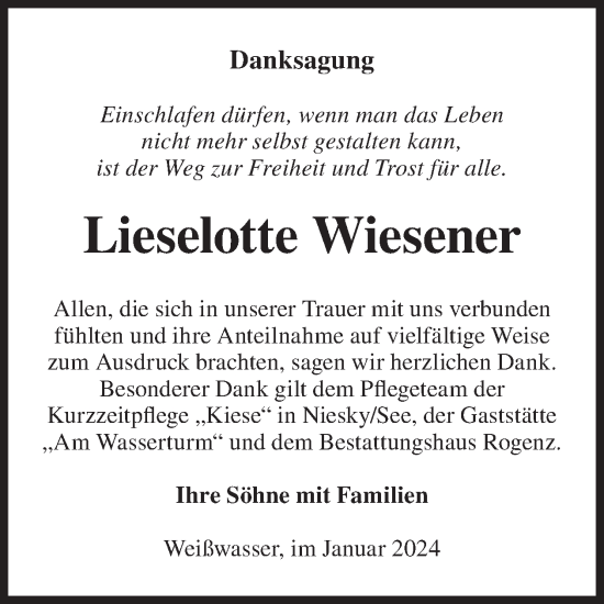 Traueranzeige von Lieselotte Wiesener von WochenKurier