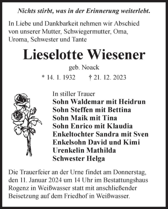 Traueranzeige von Lieselotte Wiesener von WochenKurier