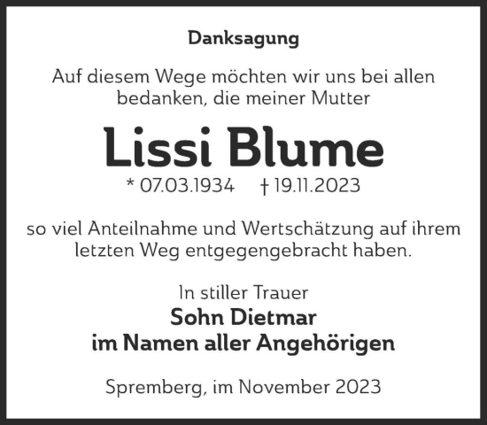 Traueranzeige von Lissi Blume von WochenKurier