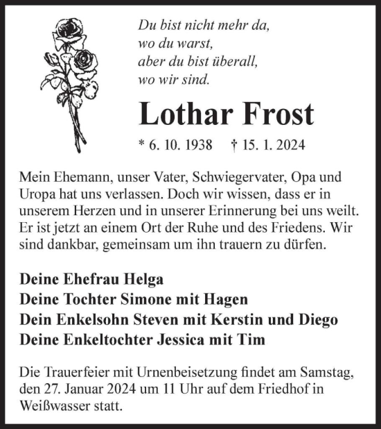 Traueranzeige von Lothar Frost von WochenKurier