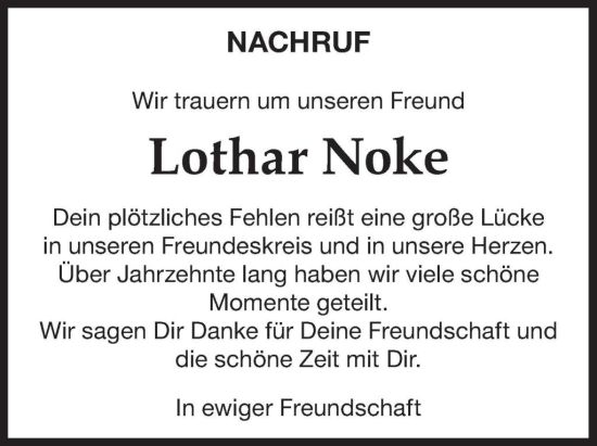 Traueranzeige von Lothar Noke von WochenKurier