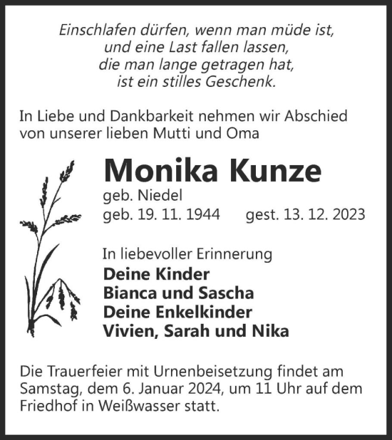 Traueranzeige von Monika Kunze von WochenKurier