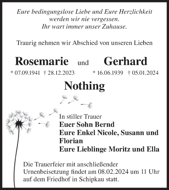 Traueranzeige von Rosemarie und Gerhard Nothing von WochenKurier