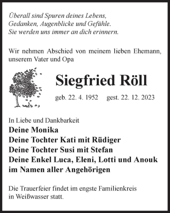 Traueranzeige von Siegfried Röll von WochenKurier