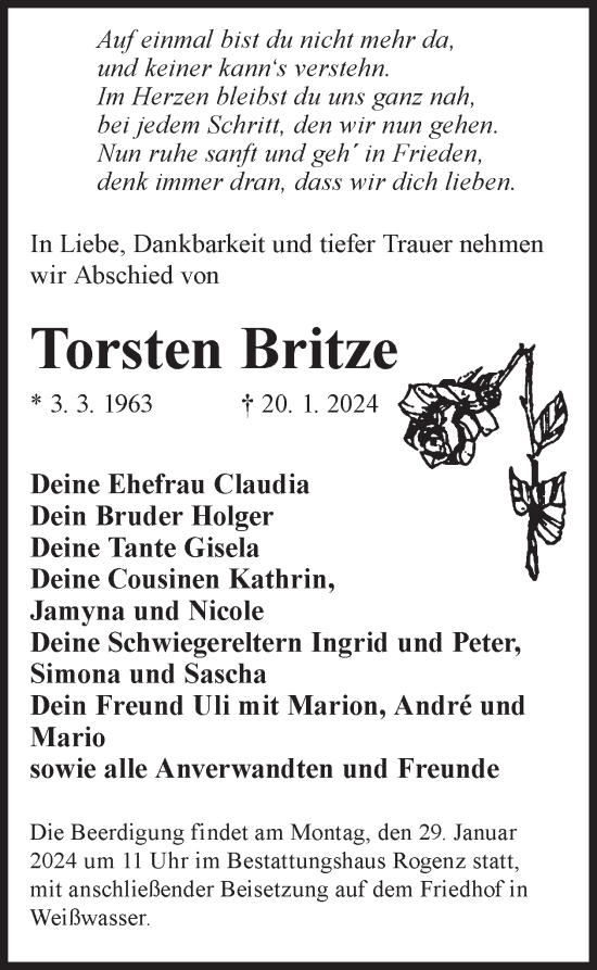 Traueranzeige von Torsten Britze von WochenKurier