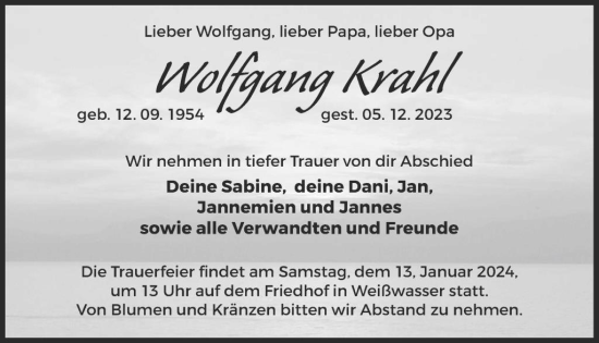 Traueranzeige von Wolfgang Krahl von WochenKurier