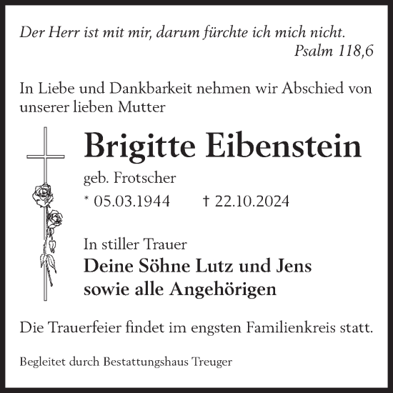 Traueranzeige von Brigitte Eibenstein von WochenKurier