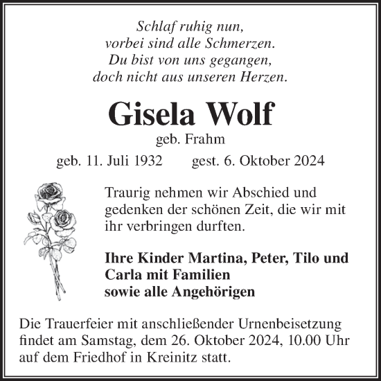 Traueranzeige von Gisela Wolf von WochenKurier