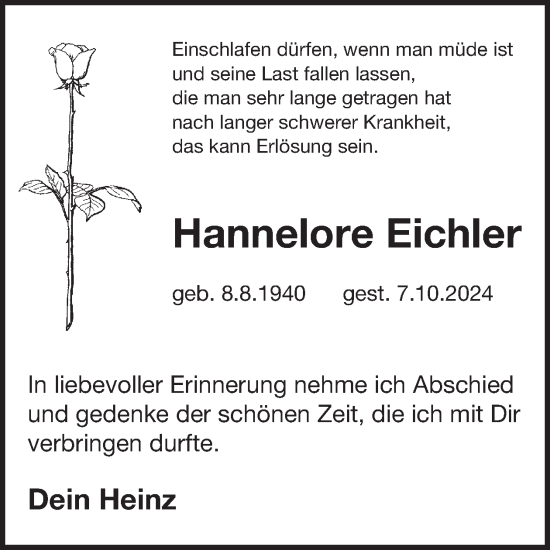 Traueranzeige von Hannelore Eichler von WochenKurier