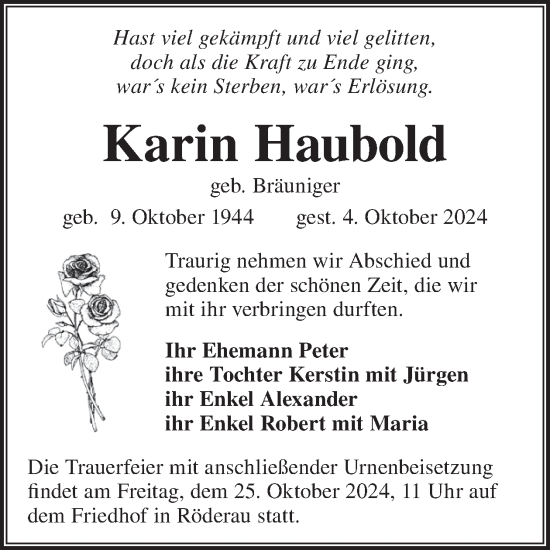 Traueranzeige von Karin Haubold von WochenKurier