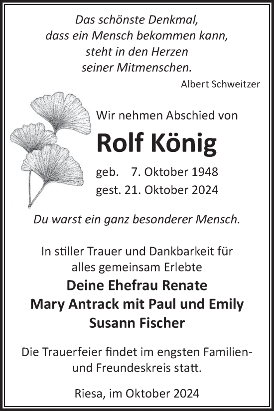 Traueranzeige von Rolf König von WochenKurier