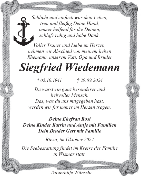 Traueranzeige von Siegfried Wiedemann von WochenKurier