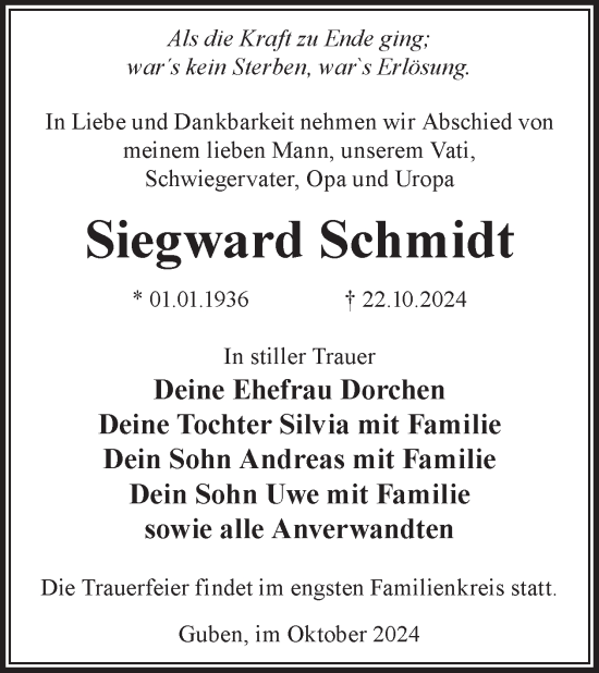 Traueranzeige von Siegward Schmidt von WochenKurier