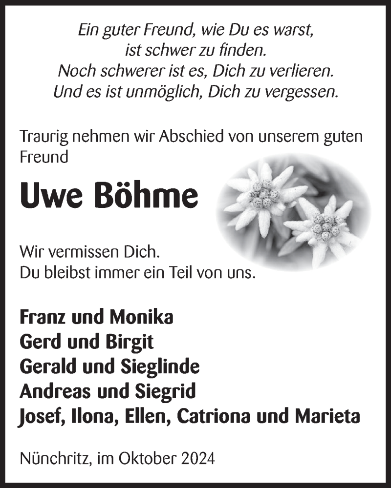  Traueranzeige für Uwe Böhme vom 12.10.2024 aus WochenKurier