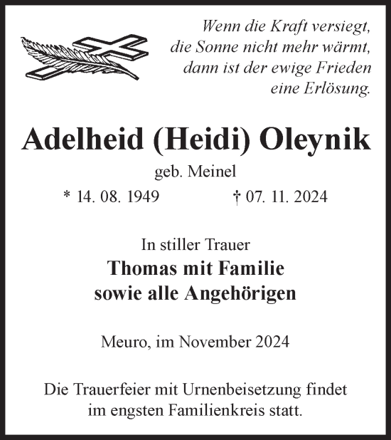 Traueranzeige von Adelheid  Oleynik von WochenKurier