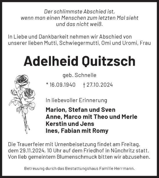 Traueranzeige von Adelheid Quitzsch von WochenKurier