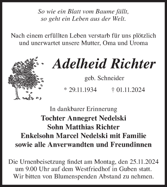 Traueranzeige von Adelheid Richter von WochenKurier