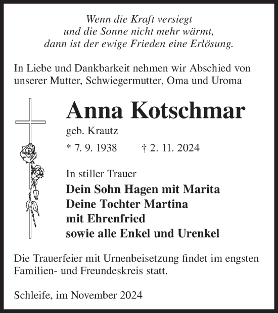 Traueranzeige von Anna Kotschmar von WochenKurier