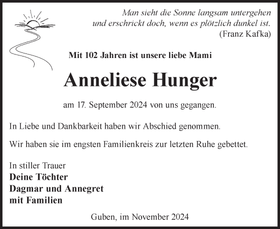 Traueranzeige von Anneliese Hunger von WochenKurier