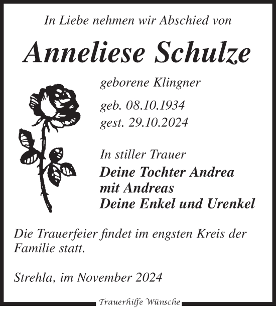 Traueranzeige von Anneliese Schulze von WochenKurier