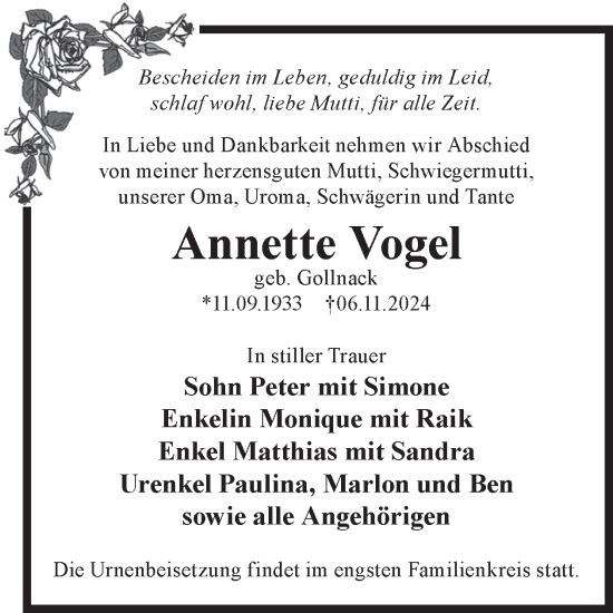 Traueranzeige von Annette Vogel von WochenKurier