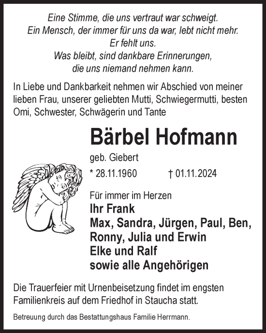 Traueranzeige von Bärbel Hofmann von WochenKurier