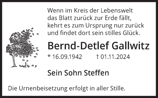 Traueranzeige von Bernd-Detlef Gallwitz von WochenKurier