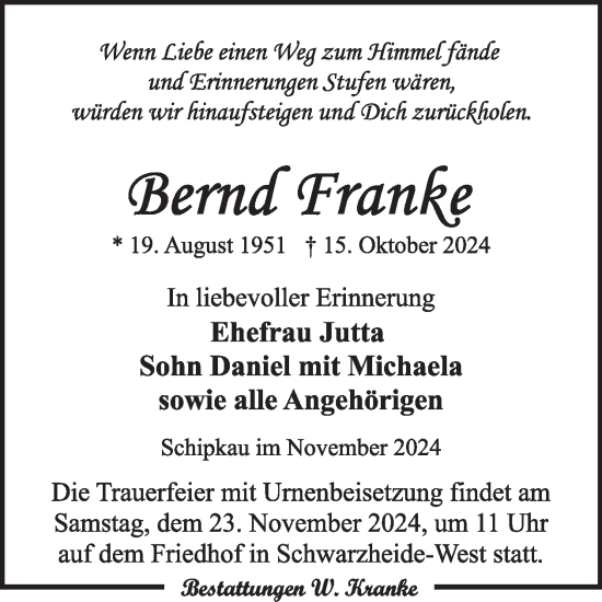 Traueranzeige von Bernd Franke von WochenKurier