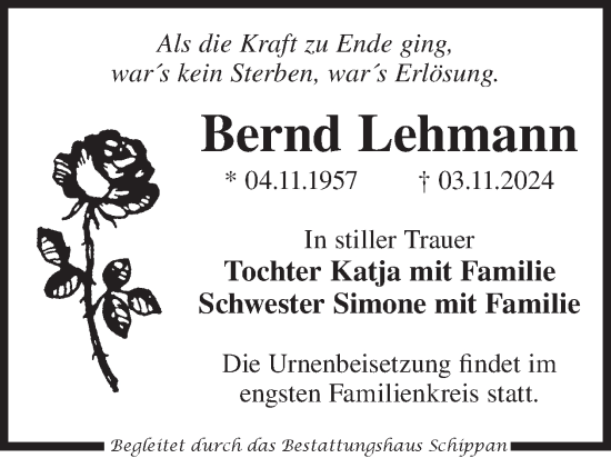 Traueranzeige von Bernd Lehmann von WochenKurier