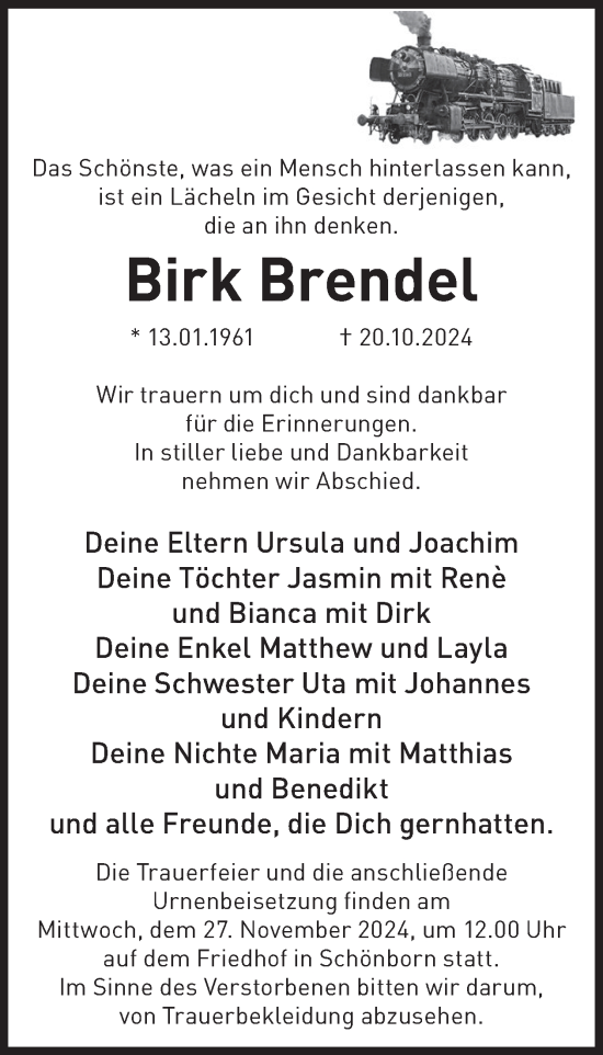 Traueranzeige von Birk Brendel von WochenKurier