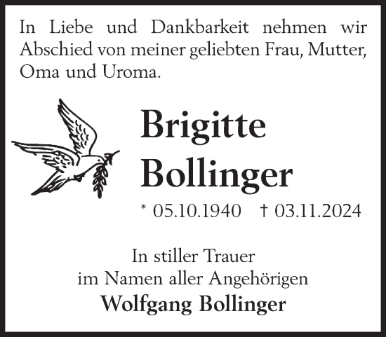 Traueranzeige von Brigitte Bollinger von WochenKurier