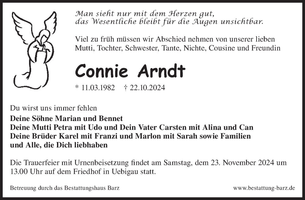  Traueranzeige für Connie Arndt vom 06.11.2024 aus WochenKurier