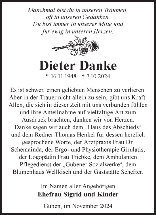 Traueranzeige von Dieter Danke von WochenKurier