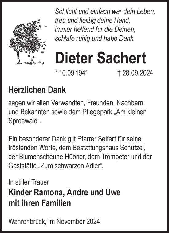 Traueranzeige von Dieter Sachert von WochenKurier