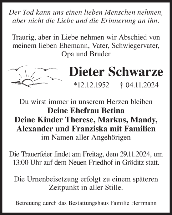 Traueranzeige von Dieter Schwarze von WochenKurier