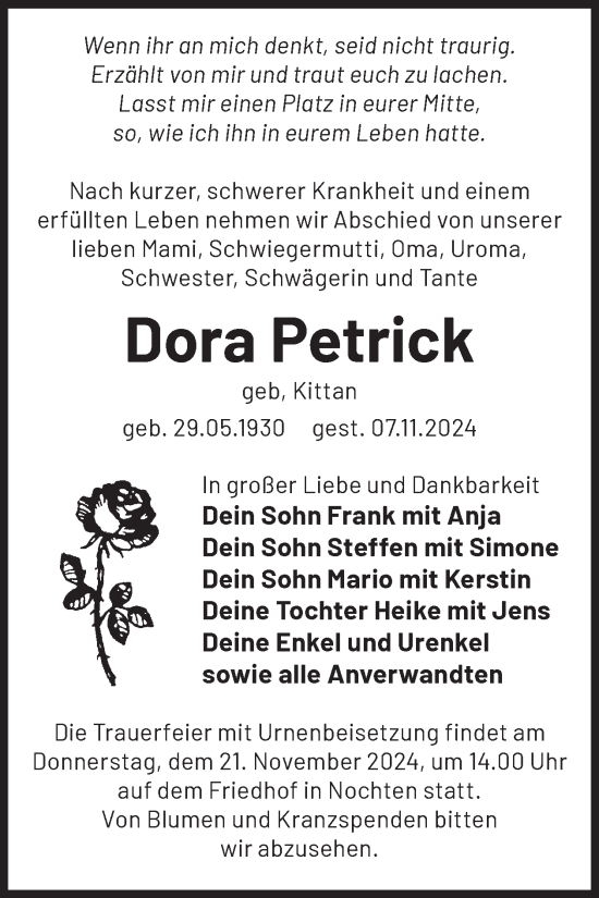 Traueranzeige von Dora Petrick von WochenKurier