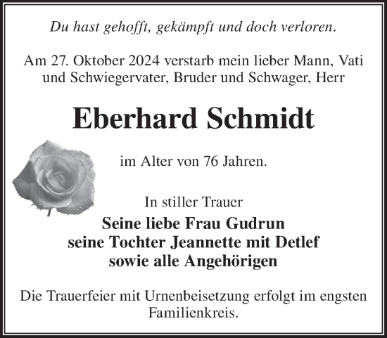 Traueranzeige von Eberhard Schmidt von WochenKurier