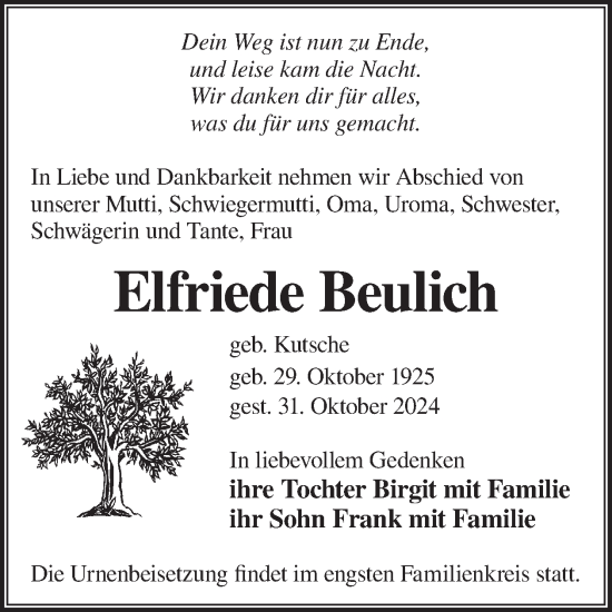 Traueranzeige von Elfriede Beulich von WochenKurier