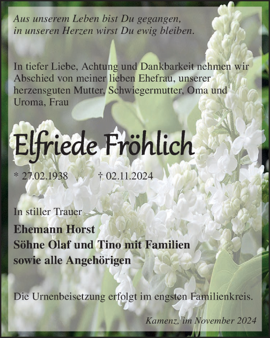 Traueranzeige von Elfriede Fröhlich von WochenKurier