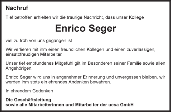 Traueranzeige von Enrico Seger von WochenKurier