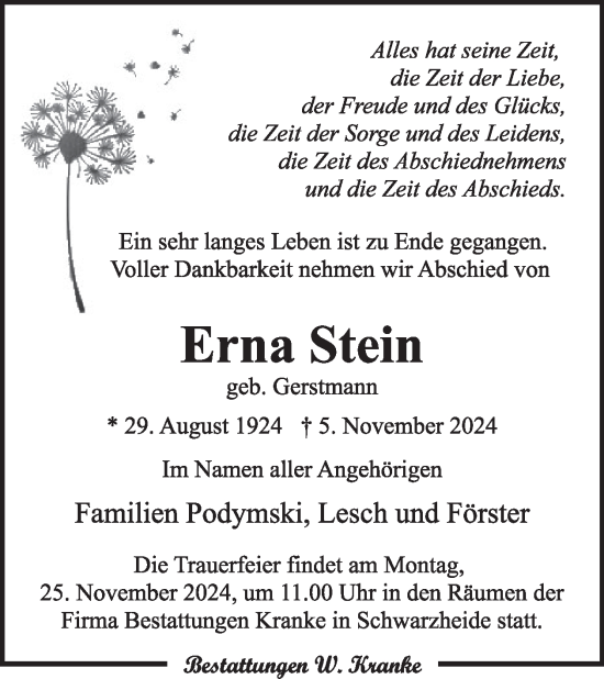 Traueranzeige von Erna Stein von WochenKurier