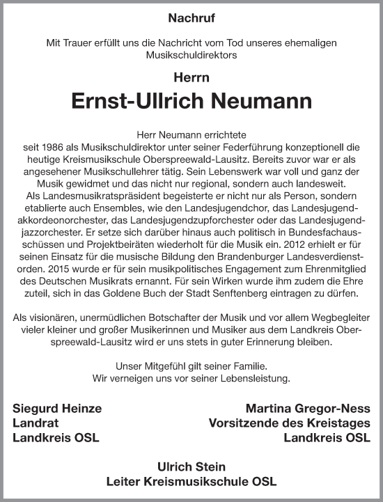 Traueranzeige von Ernst-Ullrich Neumann von WochenKurier