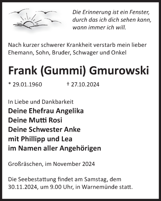 Traueranzeige von Frank Gmurowski von WochenKurier