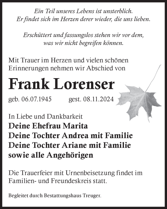 Traueranzeige von Frank Lorenser von WochenKurier