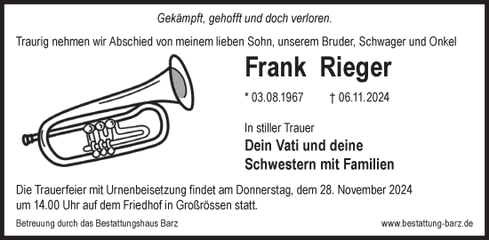 Traueranzeige von Frank Rieger von WochenKurier