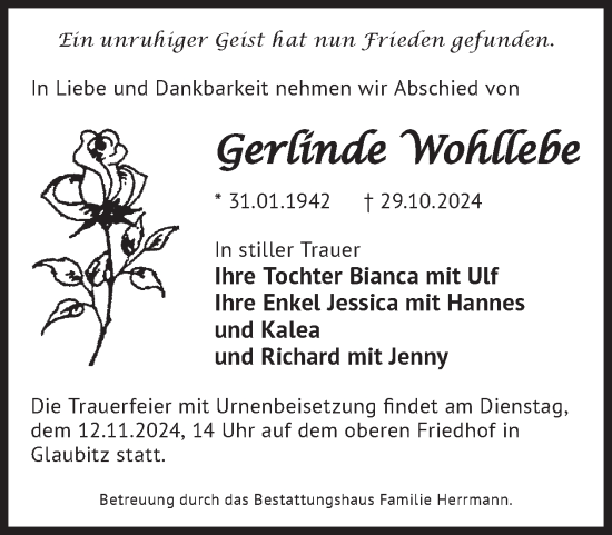 Traueranzeige von Gerlinde Wohllebe von WochenKurier